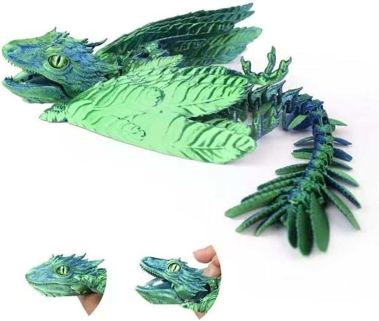 3D Printed Feathered Wyvern Dragon, 3D Printed Dragon with Wings,Adjustable Wings and Simulated Glasses Articulated Dragon Crab Toy, Desktop Pet Toy, Home Office Decor (Green)