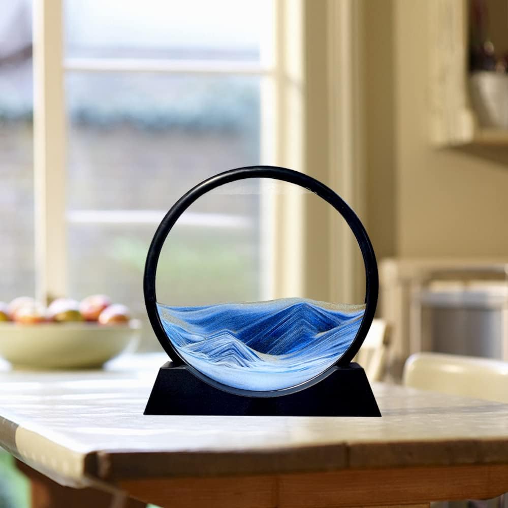 Aoderun Moving Sand Art Picture Round Glass 3D Deep Sea Sandscape in Motion Display Flowing Sand Frame Relaxing Desktop Home Office Work Decor (12", New blue)