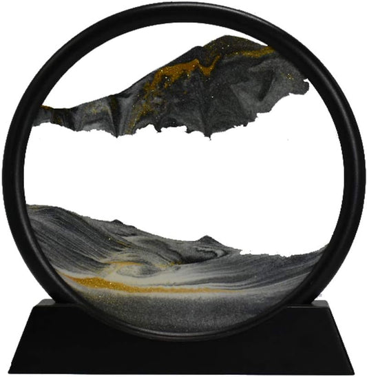 Aoderun Moving Sand Art Picture Round Glass 3D Deep Sea Sandscape in Motion Display Flowing Sand Frame Relaxing Desktop Home Office Work Decor (12", Black)