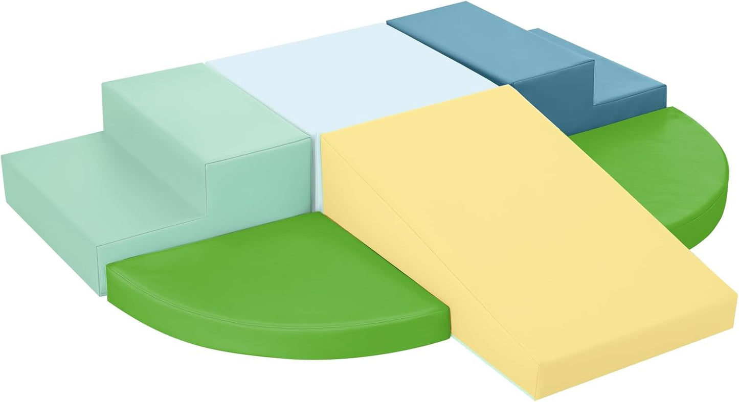 6-Piece Soft PU Leather Toddlers Climbing Toys, Baby Foam Climbing Blocks for Toddlers 3, Foam Play Gym Climbing Structures, Indoor Climb and Crawl Activity Play Set (Light Blue and Green)