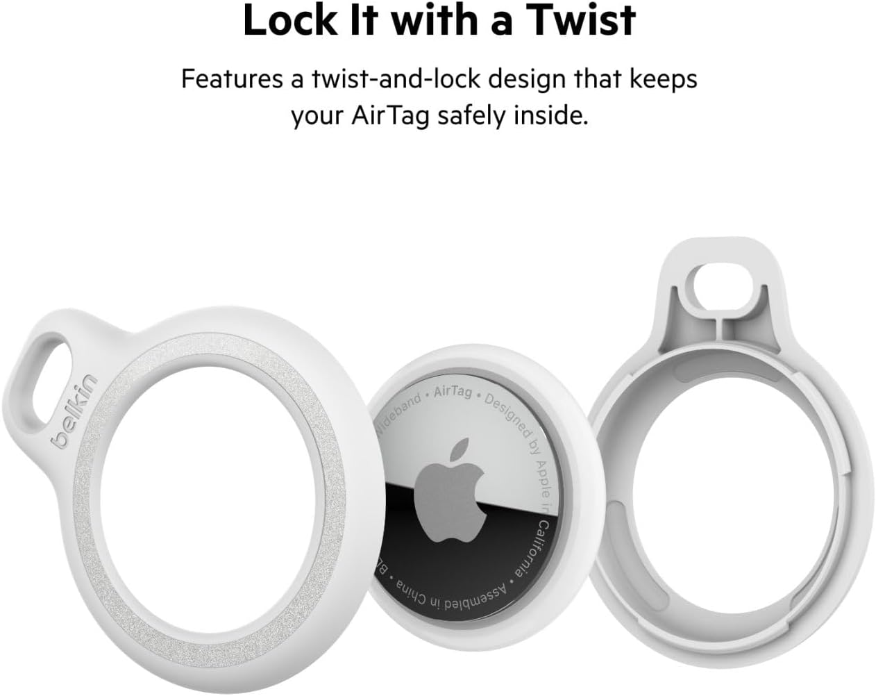 Belkin Apple AirTag Reflective Secure Holder With Key Ring - Apple AirTag Keychain - AirTag Holder - AirTag Keychain Accessories - Reflective & Scratch Resistant AirTag Case With Raised Edges - White