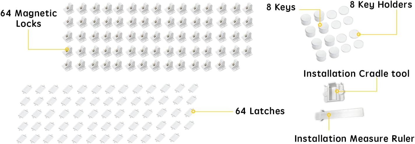 Vmaisi Adhesive Magnetic Locks for Cabinets & Drawers (64 Locks and 8 Keys)