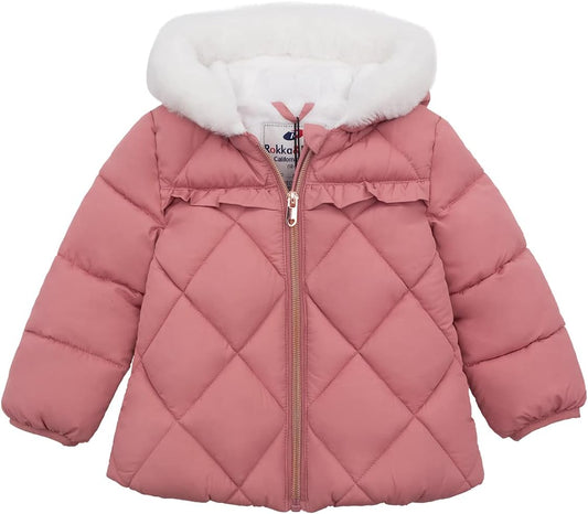 Rokka&Rolla Baby Girls' Water-Resistant Puffer Jacket Hooded Winter Coat with Soft Mini Fur Lining for Newborn Infant Toddler