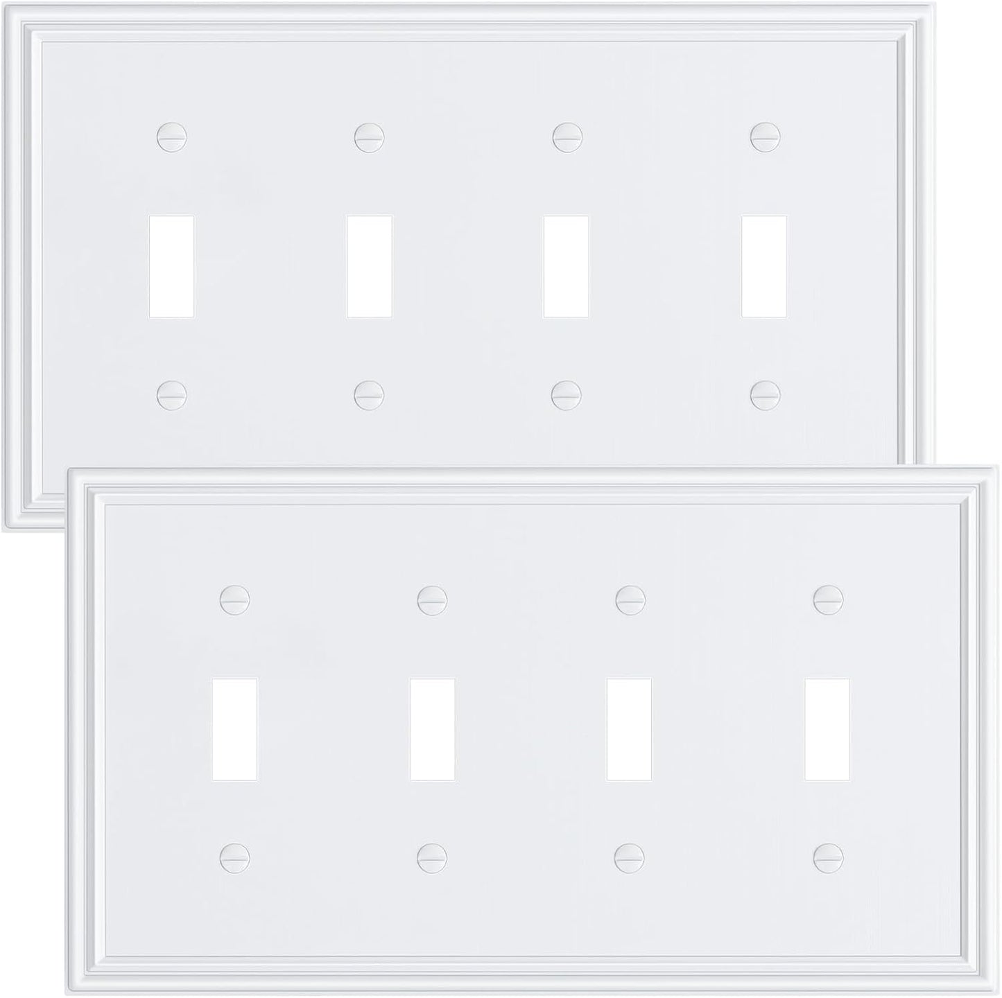 2-Pack Quad Toggle Light Switch Cover Plate, Durable Zinc Alloy Decorative Switch Plate Covers, Pure White 4 Gang Wall Plate for Toggle Light Switch and Rotary Dimmer Switch