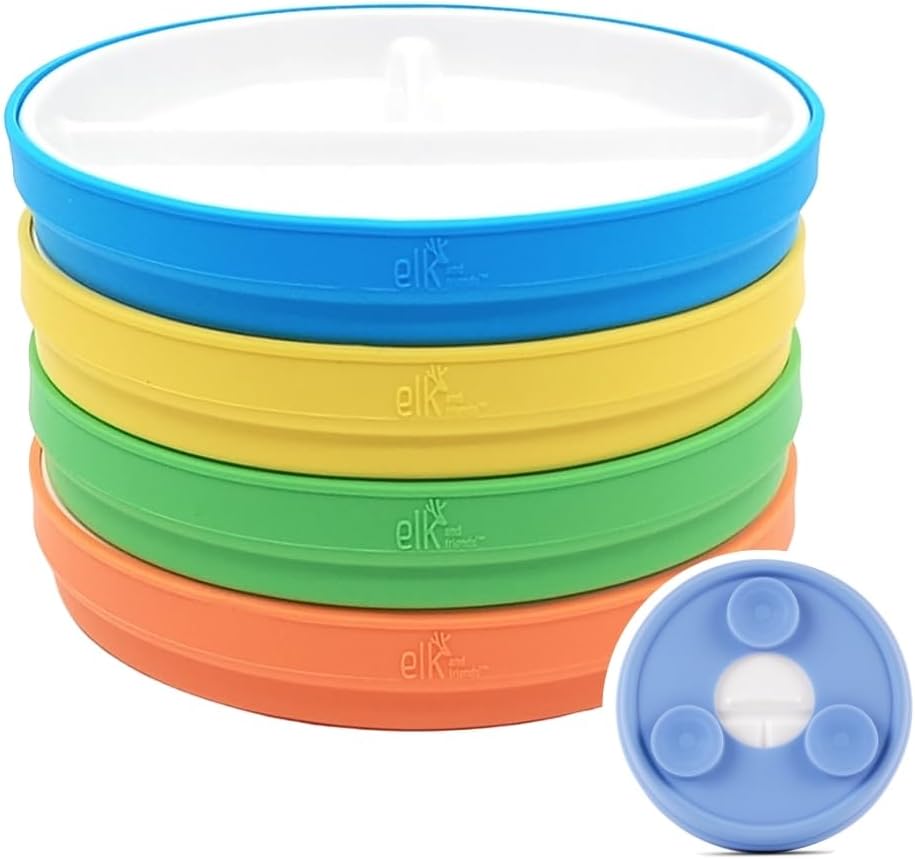 Elk and Friends Kids 6.7” Porcelain Divided Plates with Silicone Suction Sleeves | Suitable for Babies/Kids/Toddlers | Microwave & Dishwasher Safe | Non Slip | Snack Dishes | 4 Pack