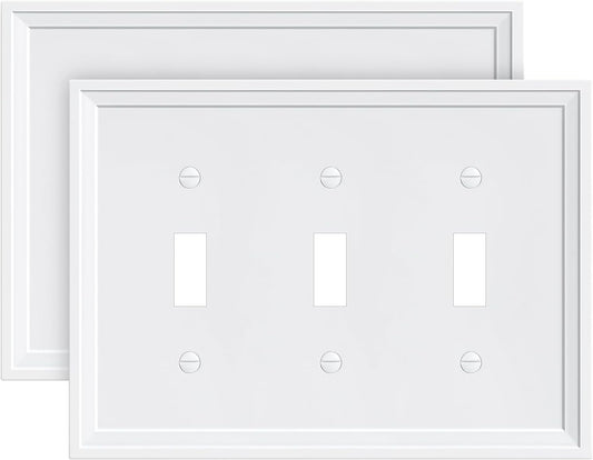 2-Pack Triple Toggle Light Switch Cover Plate, White Decorative Switch Plate Covers, Natural Bamboo Fiber 3 Gang Wall Plate, Corrosion Resistant