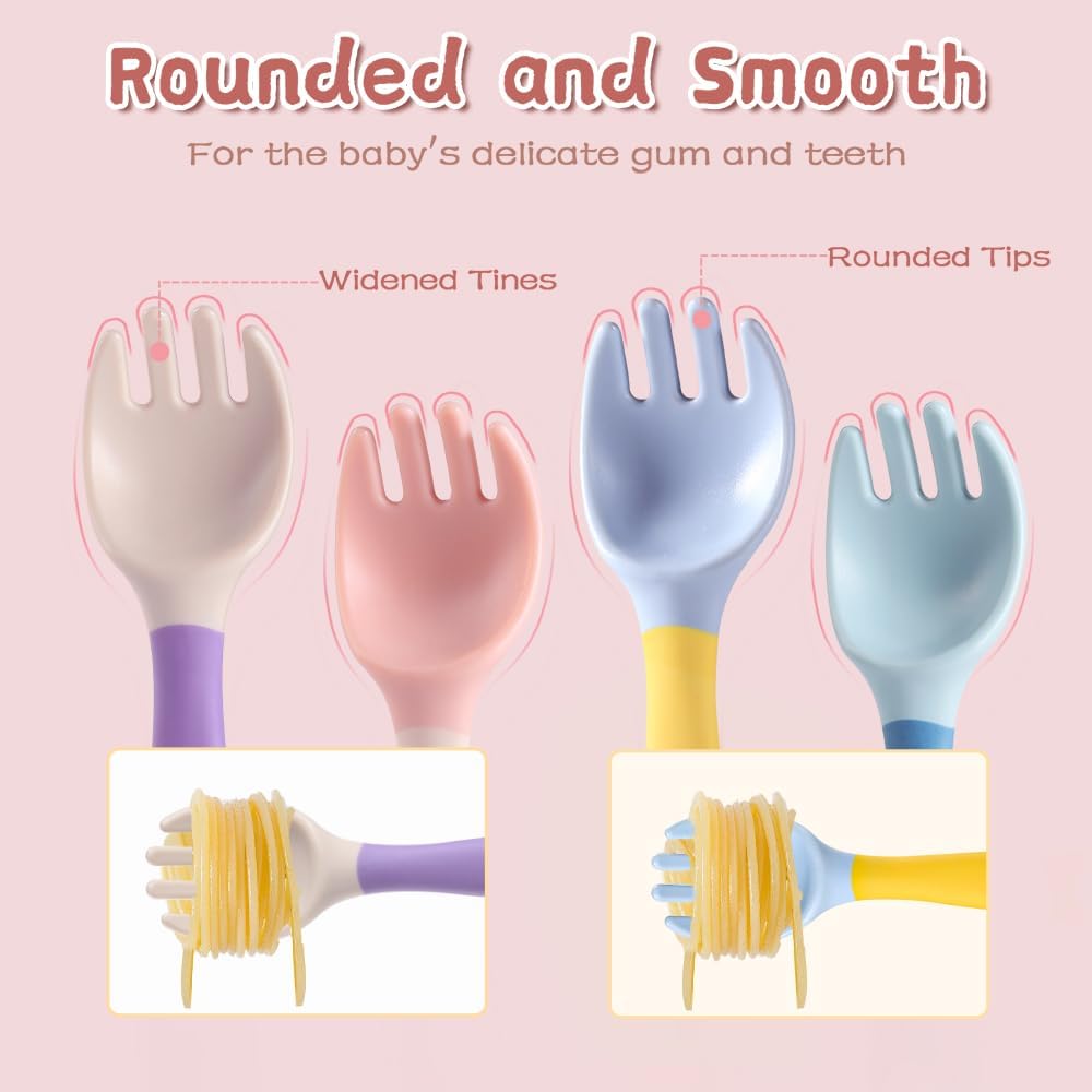 Baby Utensils Spoons and Forks Set Bendable Self-Feeding Silverware for Toddler Children with Travel Case Gum Friendly Food Grade (4 Set)