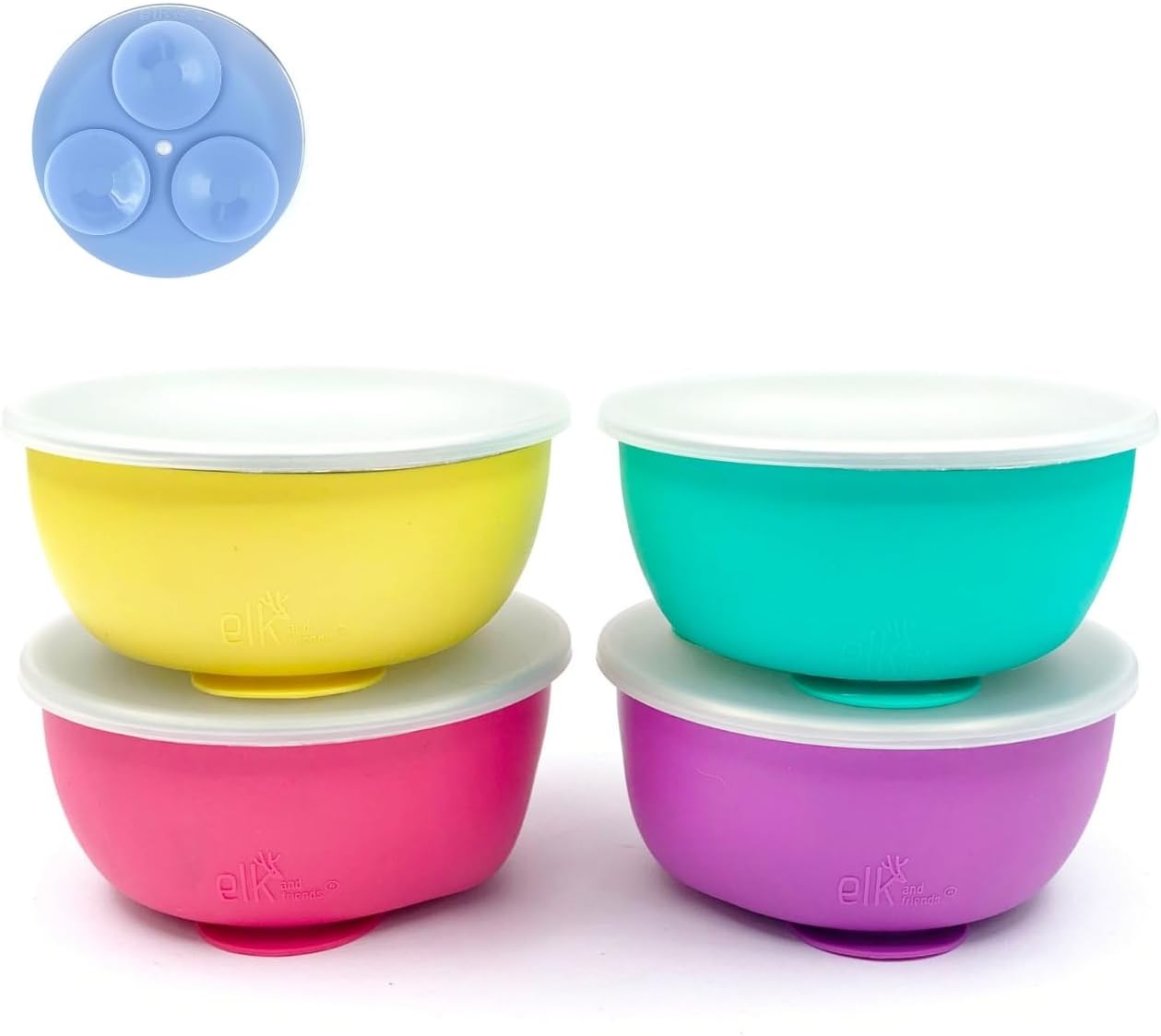 Elk and Friends Stainless Steel Bowls with Silicone Sleeve for Babies & Toddlers | Lids Included | Stay Put Suction | Cereal & Snack Bowls | 4 Pack