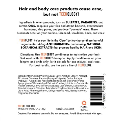 Teenology Conditioner for Teens - Avoid Forehead and Body Acne - Sulfate and Paraben Free, Noncomedogenic, Natural Botanical Extracts, NEW Fresh Papaya - 16 oz.