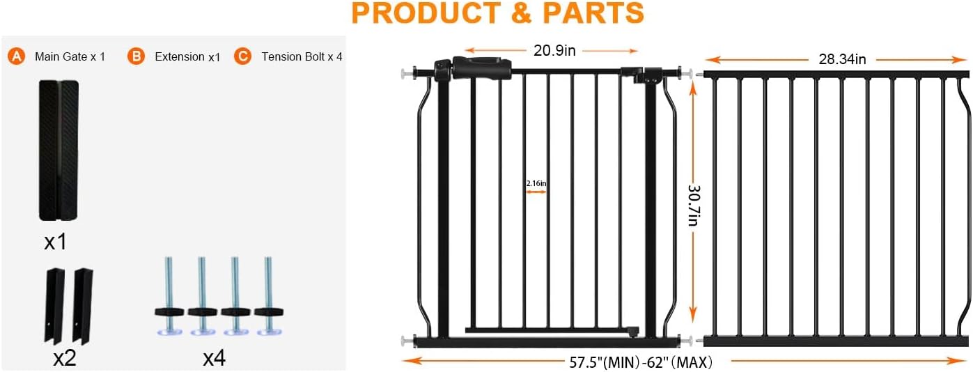 HOOEN 30" Tall Extra Wide Baby Gate for Stairs Doorways 57.5 to 62 Inch Large Long Dog Gates Tension Baby Gate Walk Through Child Gates for Kids or Pets Indoor Safety Gates
