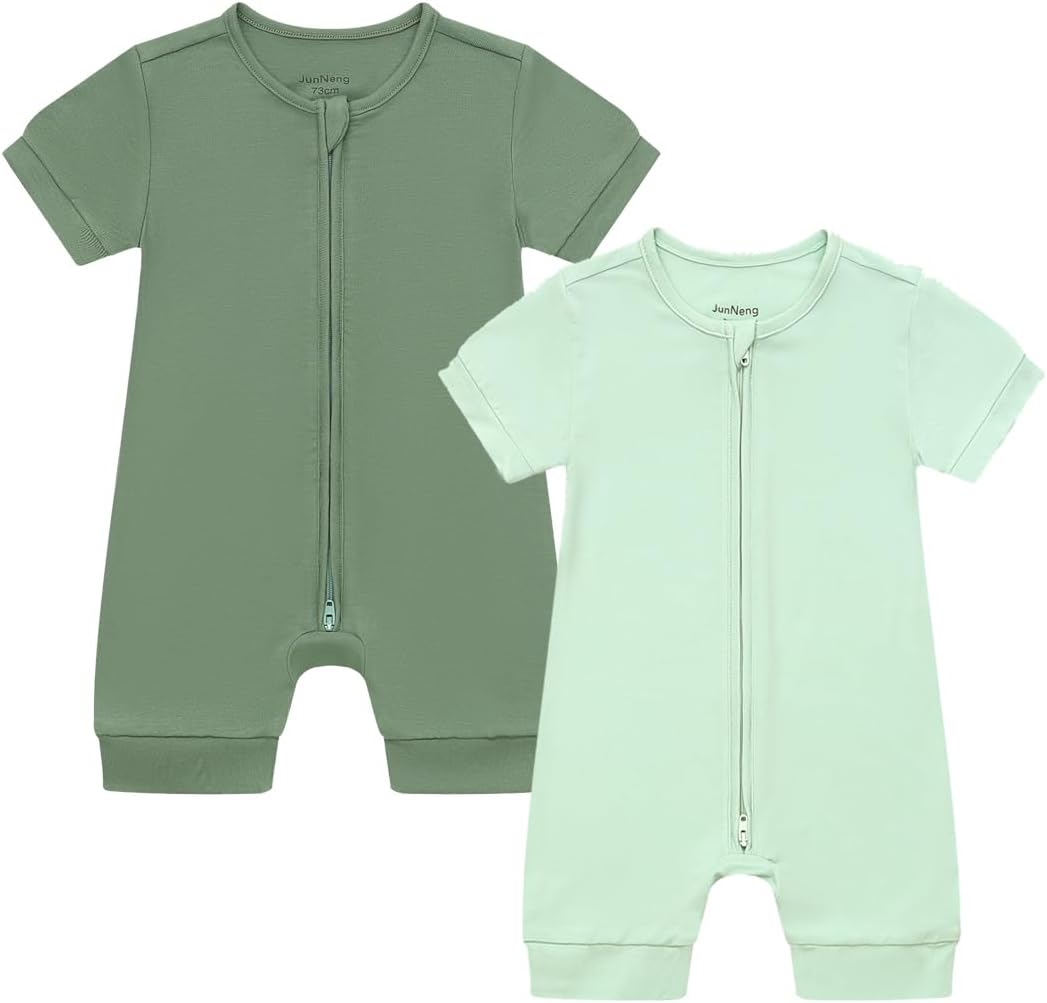 JunNeng Baby Boy Girl 2 Pack Rayon of Bamboo Summer Sleeper Infant Soft Short Sleeve Zipper Footless One-piece Romper