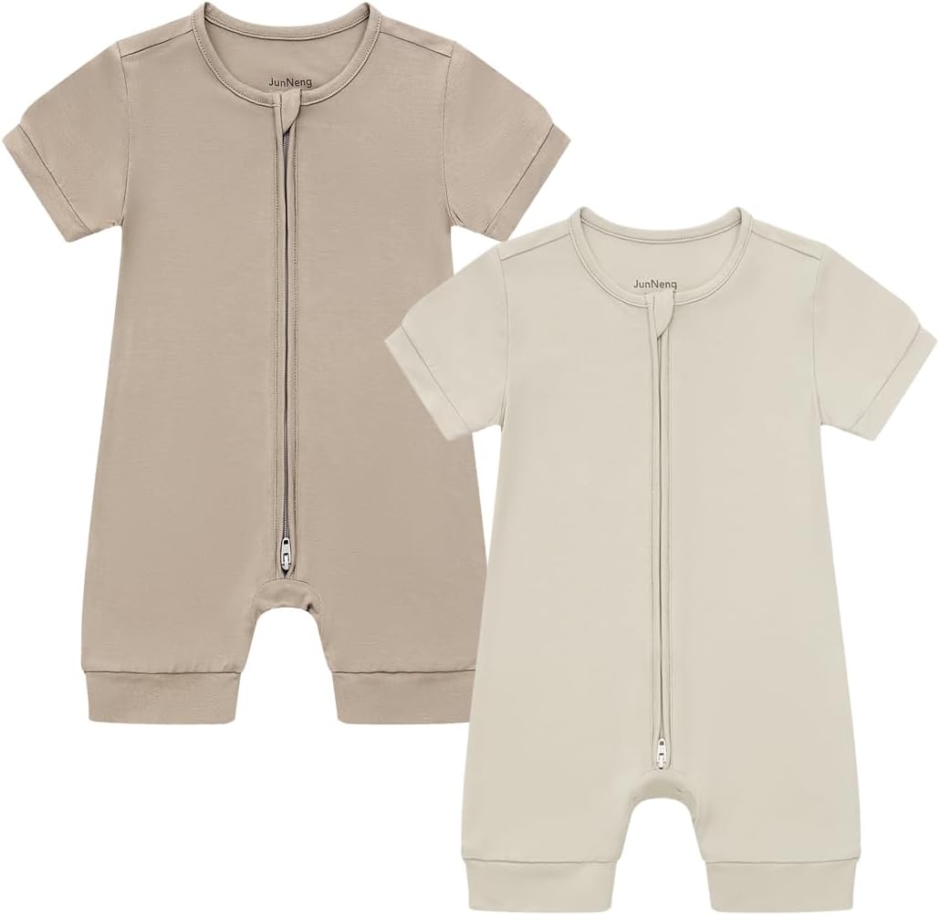 JunNeng Baby Boy Girl 2 Pack Rayon of Bamboo Summer Sleeper Infant Soft Short Sleeve Zipper Footless One-piece Romper