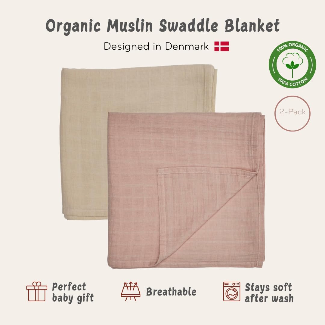 Swaddle - 100% Organic Cotton - Muslin Swaddle Blankets for Newborn, 47" x 47" 2-Pack (Fog/Blush)