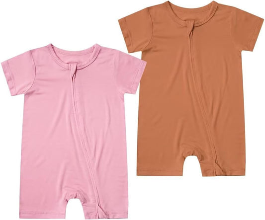 Teach Leanbh Unisex Baby 2 Pack Bamboo Viscose Pajamas Short Sleeve 2 Way Zipper Romper Jumpsuit Sleep and Play
