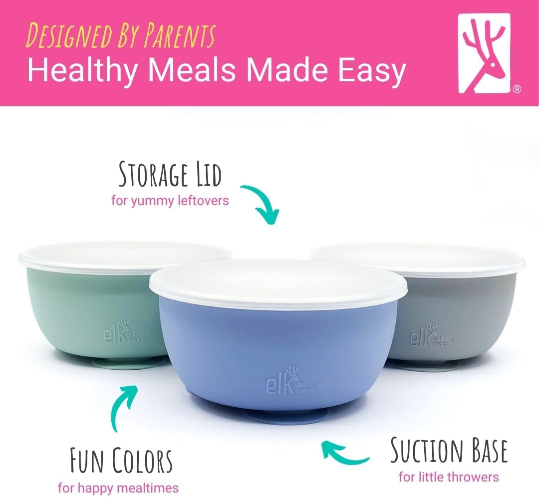 Elk and Friends Stainless Steel Bowls with Silicone Sleeve for Babies & Toddlers | Lids Included | Stay Put Suction | Cereal & Snack Bowls | 4 Pack