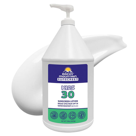 Rocky Mountain Sunscreen | KIDS SPF 30 Lotion -Broad Spectrum UVA/UVB Protection | Hawaii 104 Reef Act Compliant (Oxybenzone & Octinoxate Free) | Water Resistant 80 Min. | Gallon with Pump (128 Fl Oz)