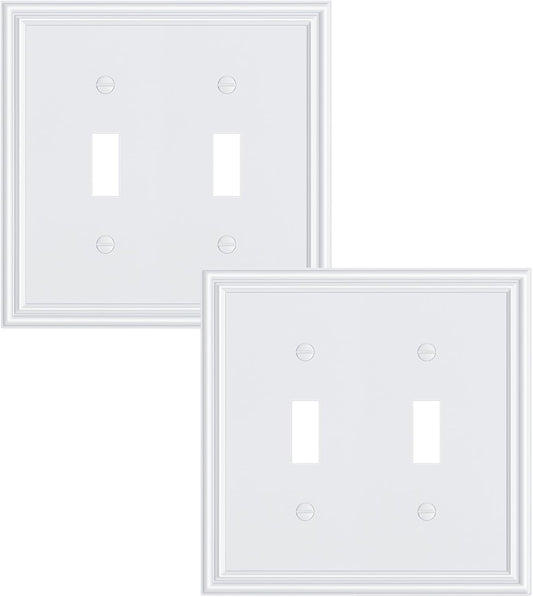 2-Pack Double Toggle Light Switch Cover Plate, Durable Solid Zinc Alloy Decorative Dual Switch Plate Covers, Pure White 2 Gang Wall Plate, Corrosion Resistant