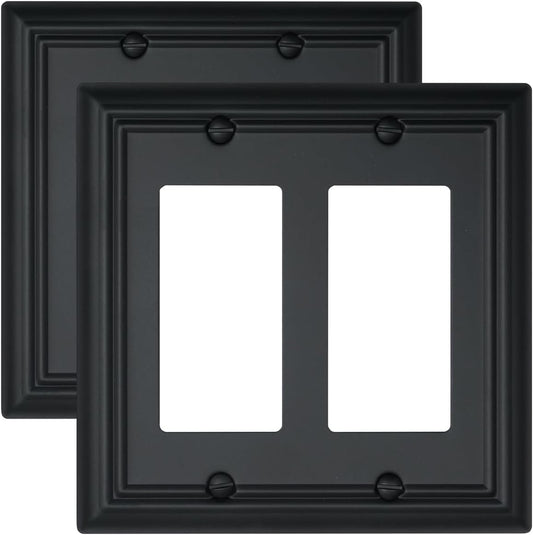 2-Pack Double Decorator Outlet Covers, Decorative Black Wall Plates, Metal Face Plates for Receptacle, GFCI Outlet, Dimmer Switch, 4.96''*4.88'', Midsize
