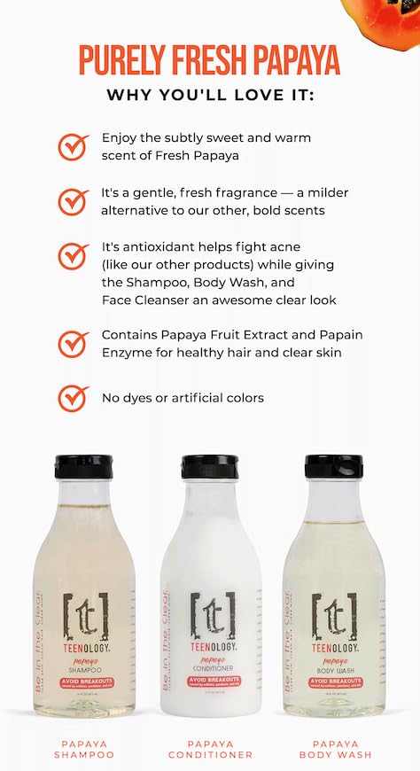 Teenology Conditioner for Teens - Avoid Forehead and Body Acne - Sulfate and Paraben Free, Noncomedogenic, Natural Botanical Extracts, NEW Fresh Papaya - 16 oz.