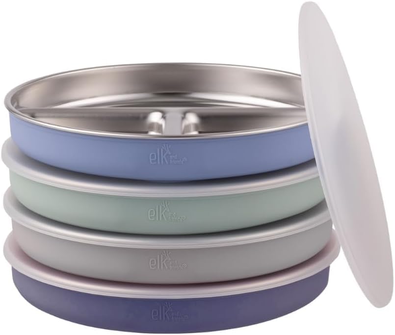 Stainless Steel Divided Plates + Silicone Sleeve and Storage Lid | Baby, Toddler, Kids | Dinner & Snack Plates | 4 Pack