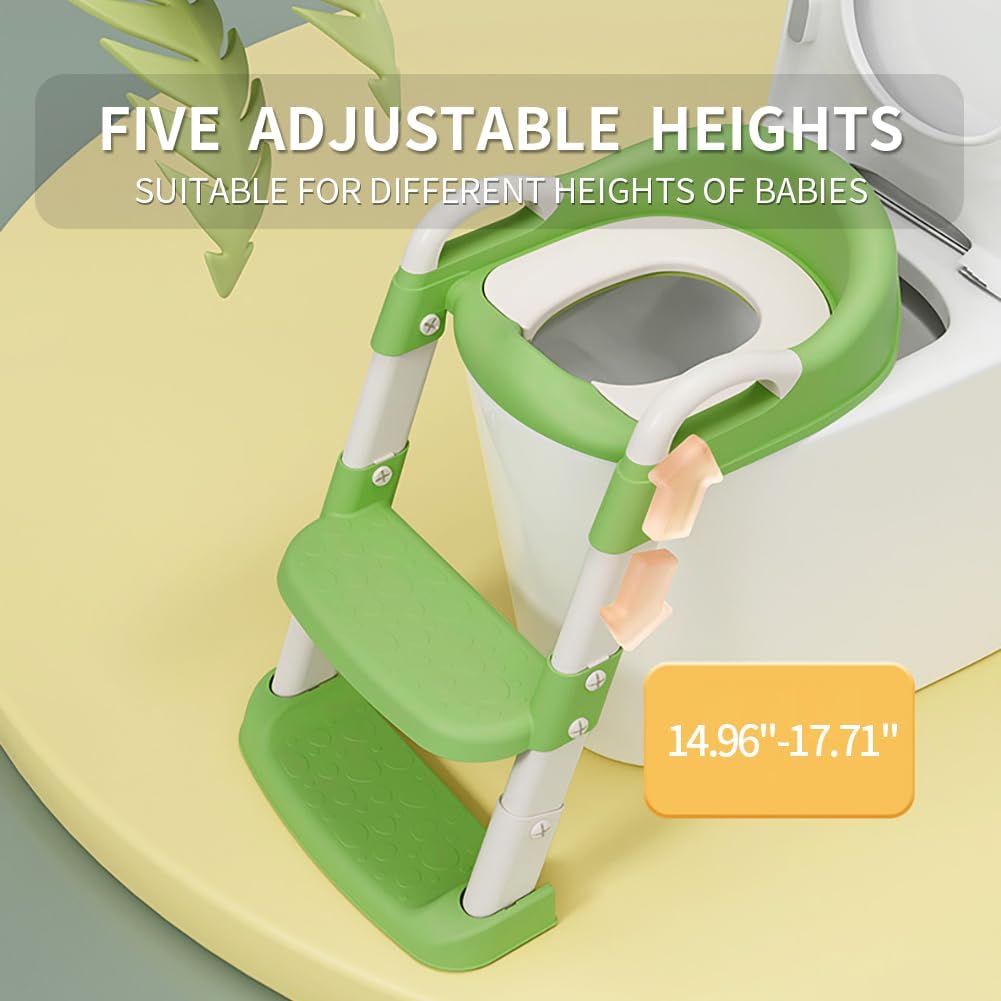 Potty Training Toilet Seat For Boys Girls, Toddler Toilet Seat With Step Stool Ladder, Foldable Toddler Potty Seat For Toilet With Non-Slip Design, Adjustable Height (Green & White)