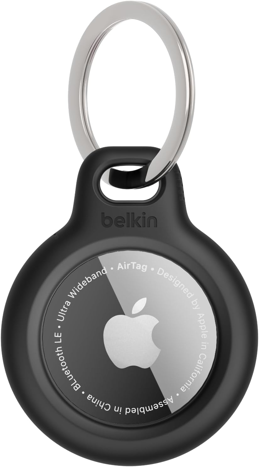 Belkin Apple AirTag Secure Holder with Key Ring - Durable, Scratch-Resistant Case with Open Face & Raised Edges - Protective AirTag Keychain Accessory for Keys, Pets, Luggage, & More - Black