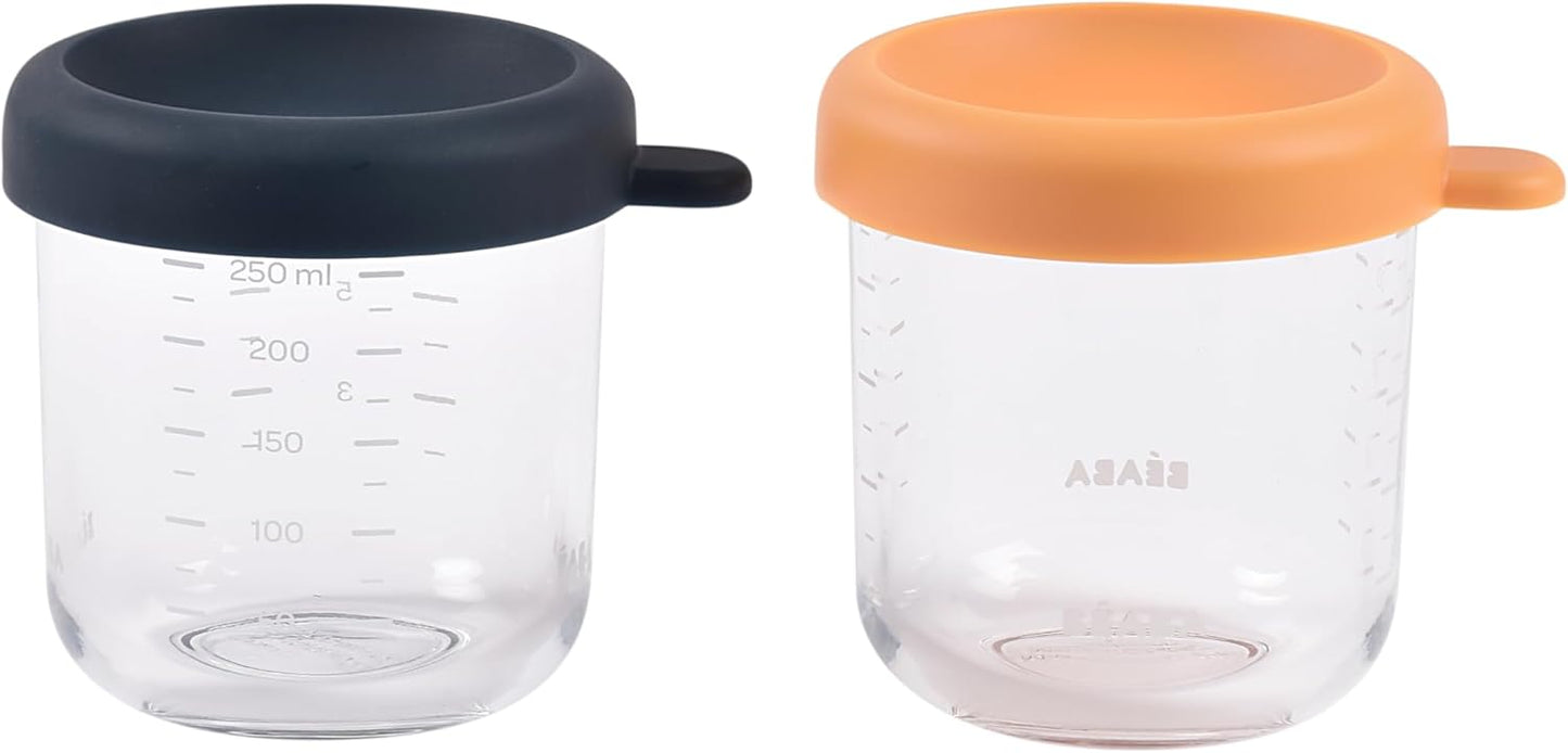 BEABA 2 Pack Glass Baby Food Jars with Soft Silicone Air Tight Lids, 8 oz Glass Storage Containers with Lids, Microwave and Freezer Safe Containers, Midnight