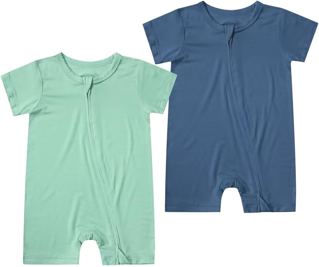 Teach Leanbh Unisex Baby 2 Pack Bamboo Viscose Pajamas Short Sleeve 2 Way Zipper Romper Jumpsuit Sleep and Play