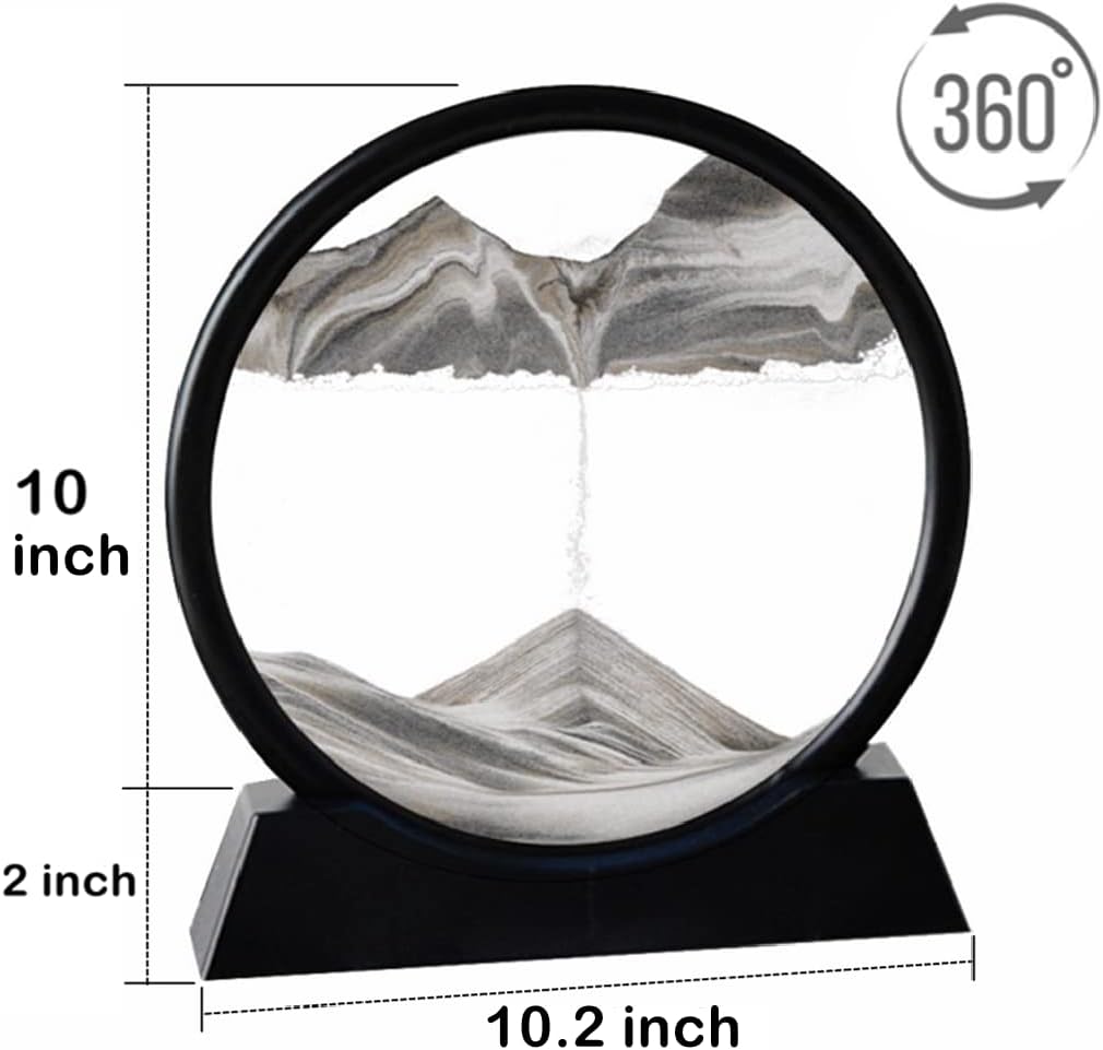 Moving Sand Art Picture in Motion Round Glass 3D Deep Sea Landscape, Dynamic Sand Art Sandscapes, Sensory Relaxing Desktop Table Decor Desk Decor Art Desk (12 inch, Black)