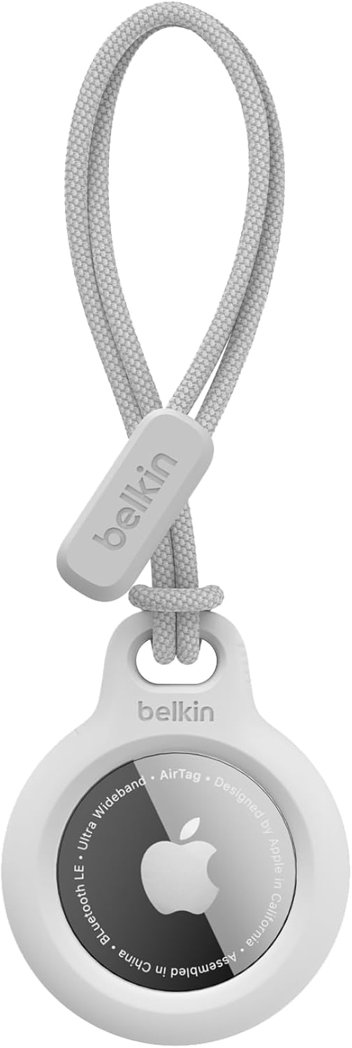Belkin Apple Airtag Secure Holder With Strap - Apple Air Tag Keychain - Airtag Holder With Strap For Key Ring - Airtag Keychain Accessories - Scratch Resistant Airtag Case With Raised Edges - White