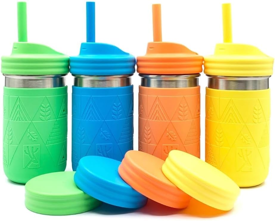 Elk and Friends 14oz Stainless Steel Kids + Toddler Drinking Cups | The Original Mason Jars with Lids + Sleeves + Straws | Smoothie Cups | Spill Resistant | Dishwasher Safe | 4 Pack