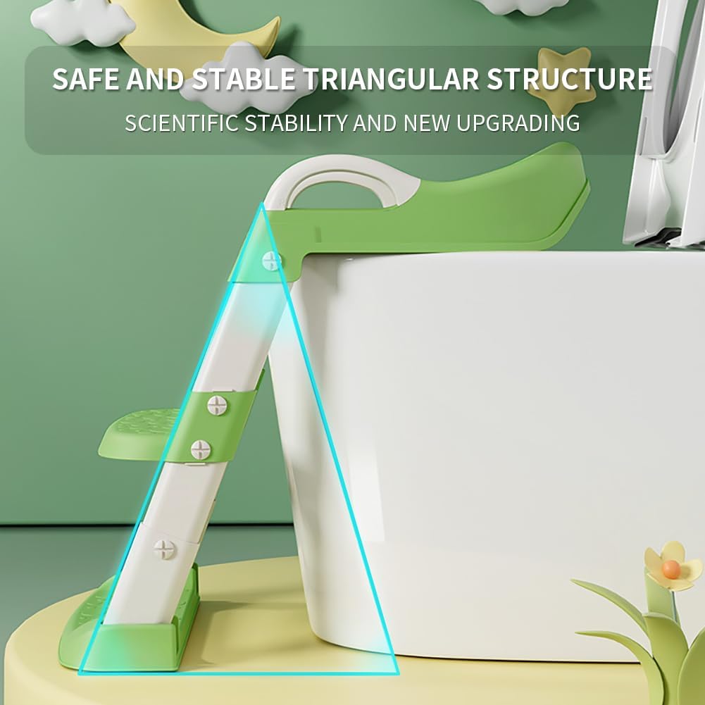 Potty Training Toilet Seat For Boys Girls, Toddler Toilet Seat With Step Stool Ladder, Foldable Toddler Potty Seat For Toilet With Non-Slip Design, Adjustable Height (Green & White)