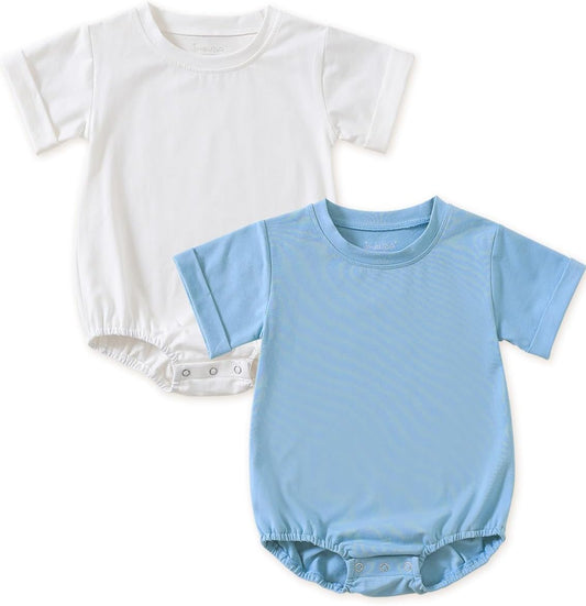 Jimonda Baby Bubble Romper Boy Girl Solid Color T-Shirt Outfits Short Sleeve Bodysuit Organic Cotton 2Pcs
