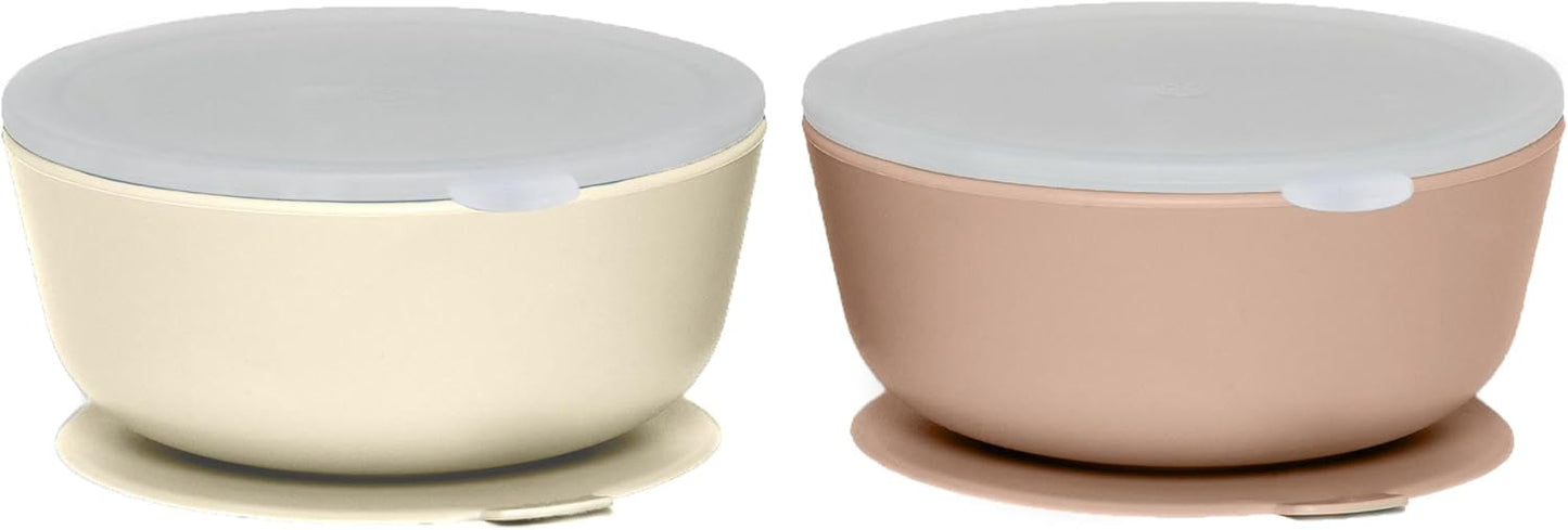 WeeSprout Suction Bowls for Baby & Toddlers (Set of 2) - 100% Silicone w/Plastic Lid - Leak Proof Feeding Supplies - Dishwasher & Microwave Safe Infant Dinnerware w/Extra Strong Base