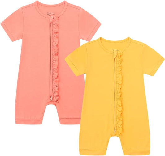 JunNeng Baby Boy Girl 2 Pack Rayon of Bamboo Summer Sleeper Infant Soft Short Sleeve Zipper Footless One-piece Romper