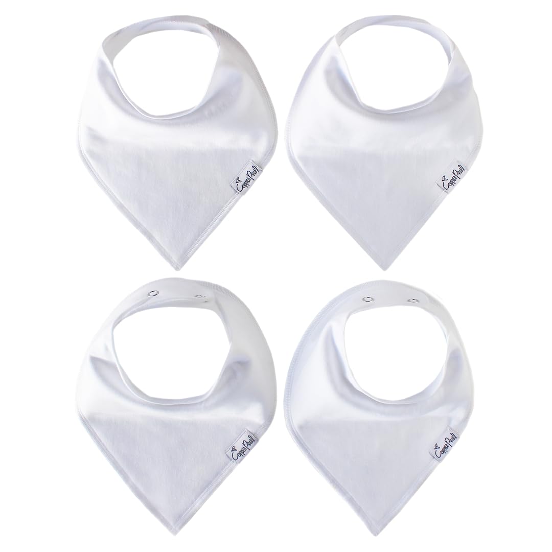 Copper Pearl 4 Pack Soft Cotton Baby Bibs for Drooling and Teething, Absorbent Drool Bibs for Baby Girl and Boy, Adjustable to Fit Newborns to Toddlers (White Basics)