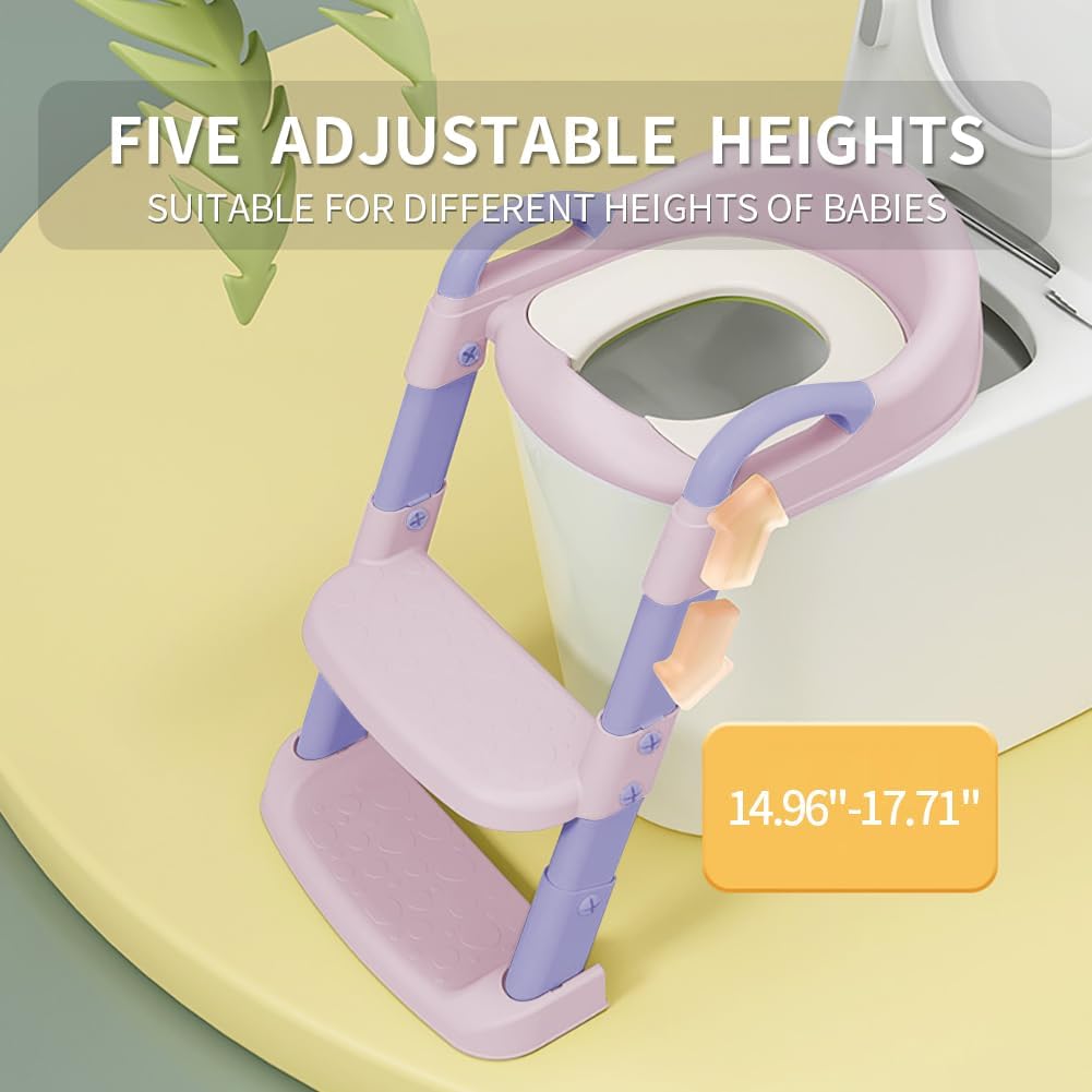 Potty Training Toilet Seat For Boys Girls, Toddler Toilet Seat With Step Stool Ladder, Foldable Toddler Potty Seat For Toilet With Non-Slip Design, Adjustable Height (Purple & Pink)