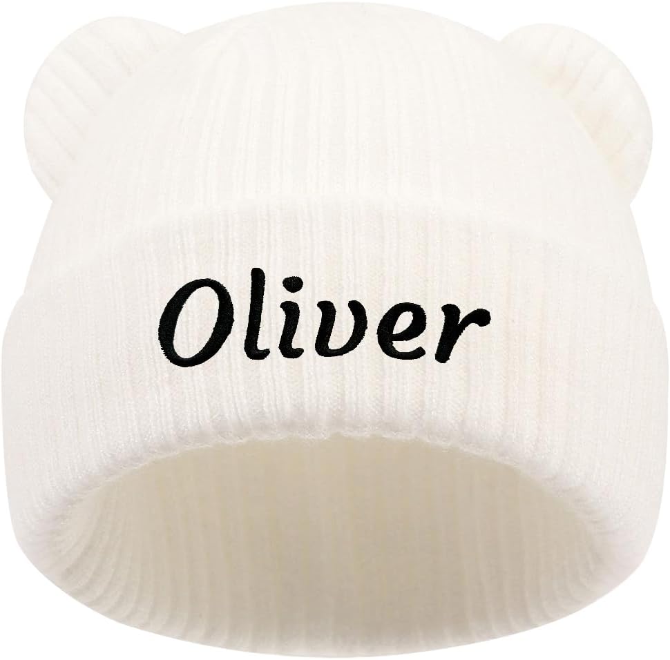Personalized Baby Beanies Hats, Custom Embroidered Name Knitted Toddler Winter Bear Ear Hat