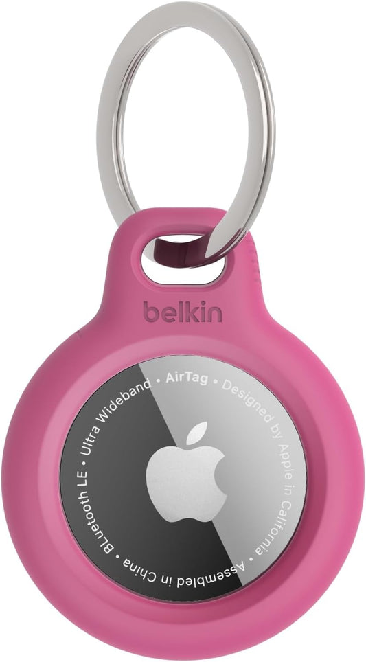 Belkin Apple AirTag Secure Holder with Key Ring - Durable, Scratch-Resistant Case with Open Face & Raised Edges - Protective AirTag Keychain Accessory for Keys, Pets, Luggage, & More - Pink