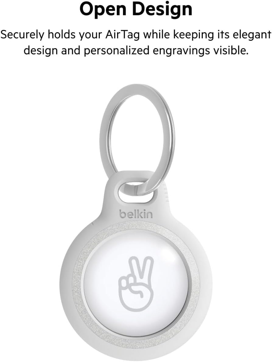 Belkin Apple AirTag Reflective Secure Holder With Key Ring - Apple AirTag Keychain - AirTag Holder - AirTag Keychain Accessories - Reflective & Scratch Resistant AirTag Case With Raised Edges - White