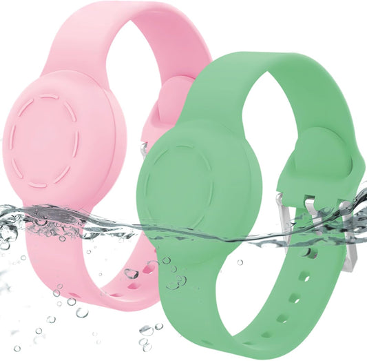 Waterproof Airtag Bracelet for Kids, Silicone Wristband Compatible with Apple Air Tag Hidden Holder Case, GPS Tracker Anti-Lost Adjustable Airtag Strap for Toddler Child (2 Pack, Pink & Green)