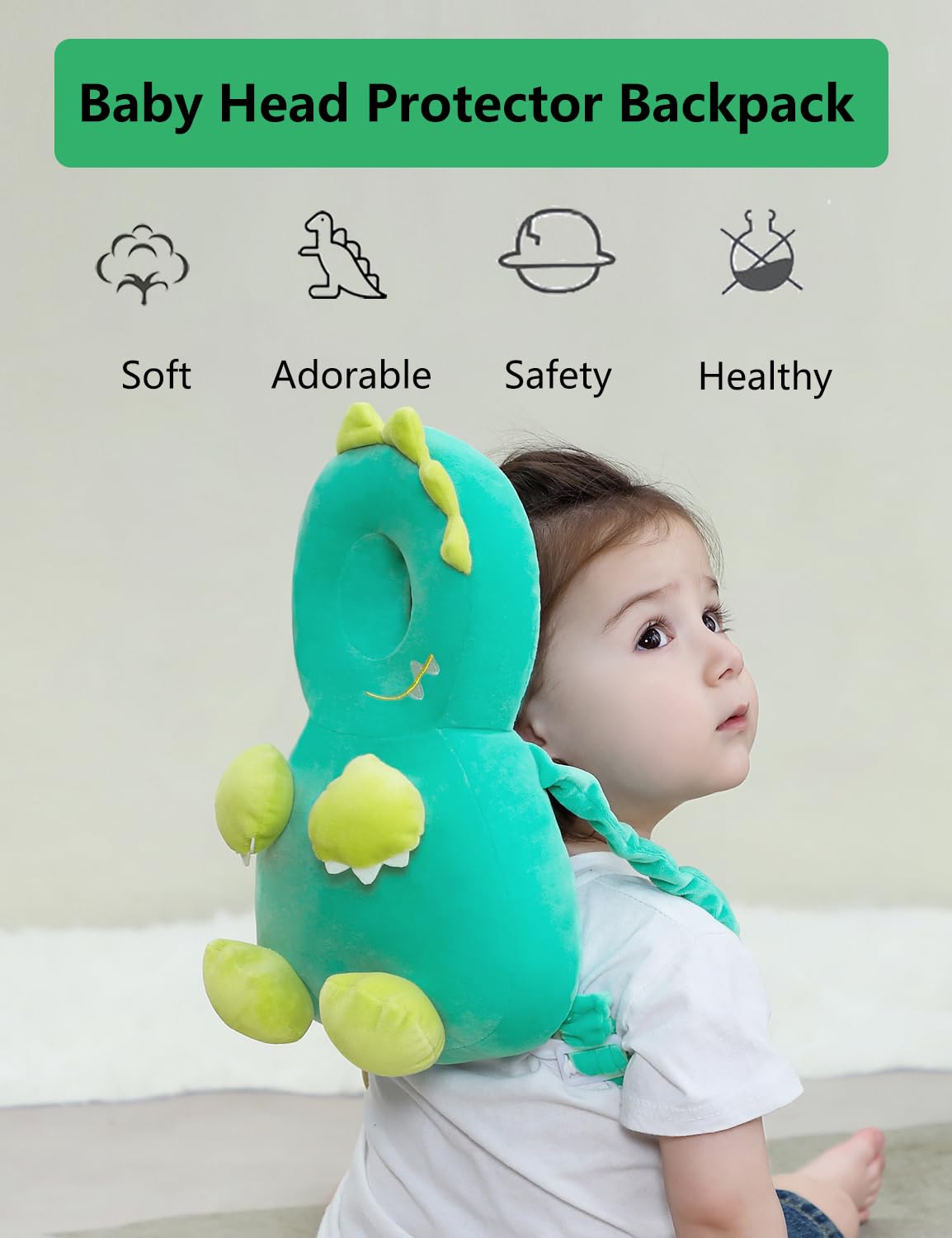 JunNeng Toddler Baby Head Protector Backpack for Toddler Walker with Knee Pads&Anti-Slip Socks, Dinosaur Green