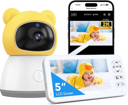 Baby Monitor with Camera and Audio, 2K HD Smart Video Baby Camera WiFi 5" Screen, Night Vision, Temp Humidity Sensor, 2 Way Talk, Lullaby, Sleep Mode, Cry Detection, 1000ft Range, App Control