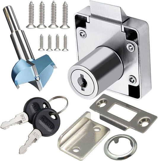 Automatic Lock Tongue Cabinet Drawer Lock 【Keyed Alike】& Forstner Drill Bit Furniture Locker Lock Showcase Lock Drilling Diameter 3/4"/19mm for (3/5"-/15mm -7/8"-/22mm) Door Panel