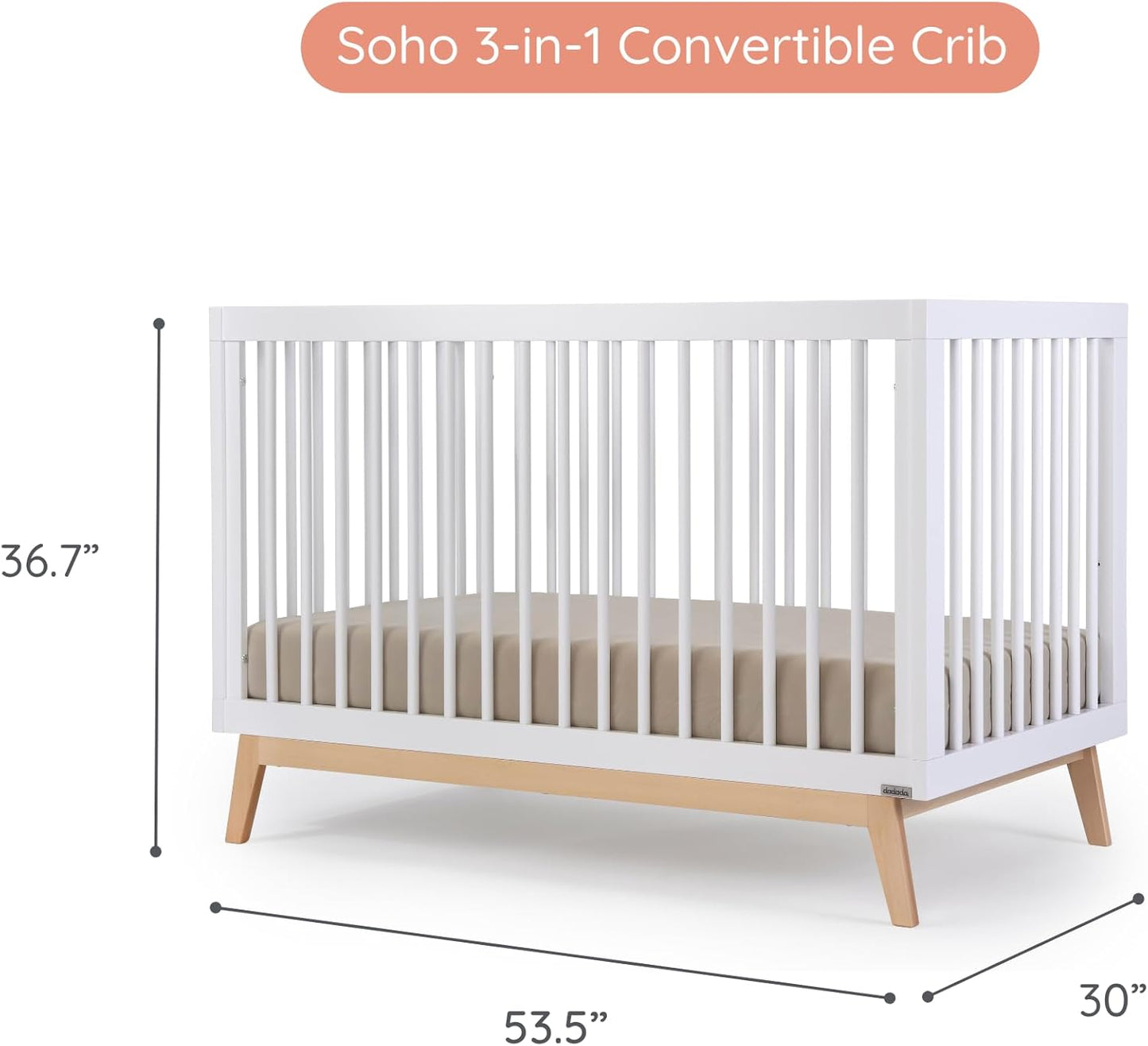 dadada Baby Soho 3-in-1 Convertible Wooden Crib to Toddler Bed - Made in Italy, GREENGUARD Gold Certified, Baby-Safe Finish, Sustainable Beech Wood, Modern Design, 3 Adjustable Heights (White/Natural)