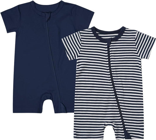 Teach Leanbh Unisex Baby 2 Pack Pajamas Cotton Short Sleeve 2 Way Zipper Stripe Soild Romper Jumpsuit Sleep and Play