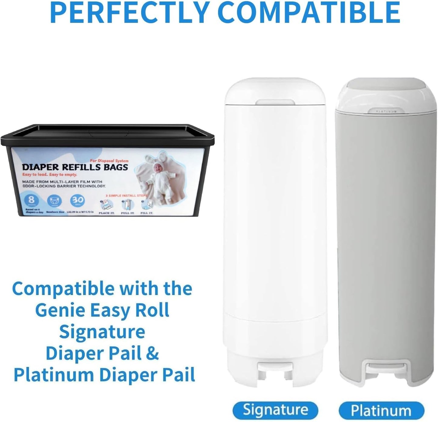Diaper Pail Refills Bags with 30 Bags, Compatible with Genie Easy Roll Signature Diaper Pail and Platinum Diaper Pail, 7-Layer Odor-Barrier Technology, 3 Pack (90 Bag)