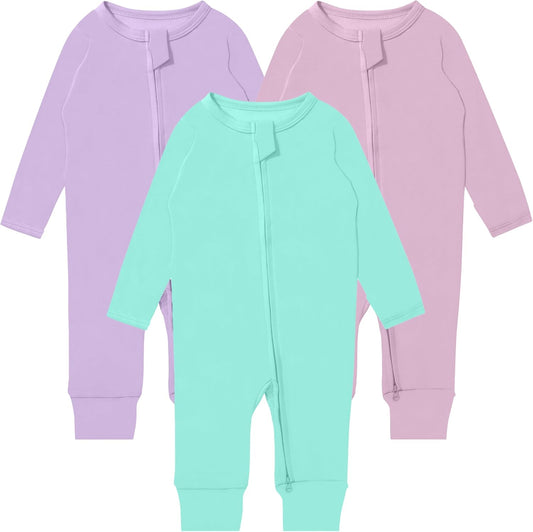 GUISBY Long Sleeve Cotton Pajamas Footless Baby Bodysuits with Zipper and Mittens 3-Pack for Boys Girls