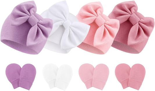 BQUBO Newborn Baby Hats Mittens Set Hospital Hat Beanie Infant Bow Hats Baby Gloves No Scratch Mittens for 0-6 Months
