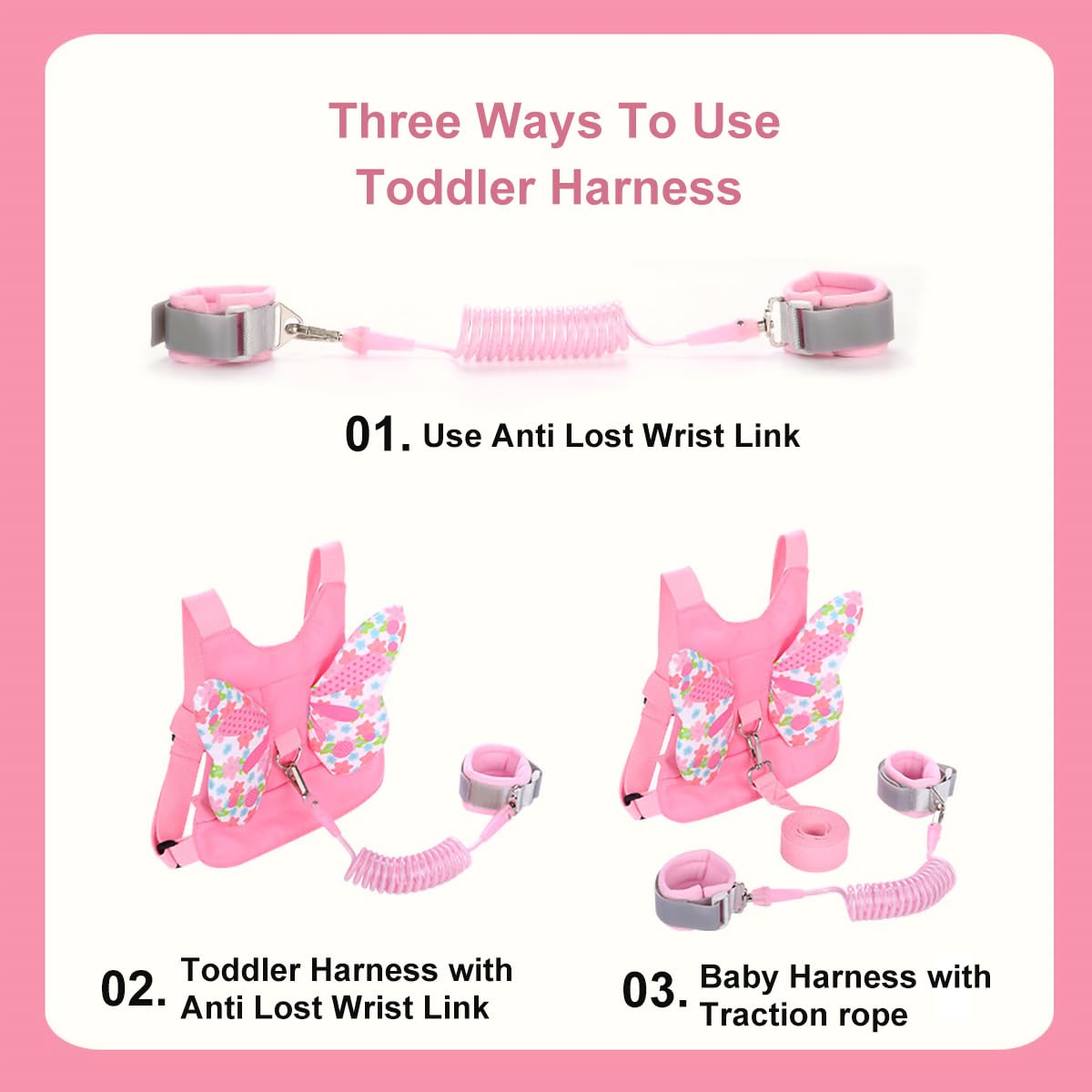 Anti Lost Toddler Harness - Butterfly Baby Leash and Wrist Link with Lock, Child Walking Harness Assistant for Girls, Cute Traction Safety Leash for Kids, Holiday Travel Christmas Gift, Pink